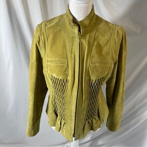 Kasper Olive Suede Leather Jacket Smocked Waist Tailored Moto Style